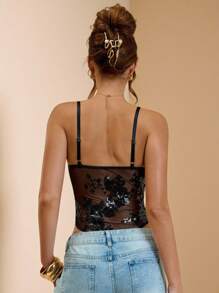 SHEIN BAE Tuta nera da donna in tulle ricamato con perline ed elasticizzata - nero - Visualizzare 3