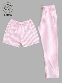EURMUSE Bộ đồ ngủ mặc nhà Cottonline 2 mảnh họa tiết sọc kèm dây rút giả cho nữ - Hồng - Xem 1