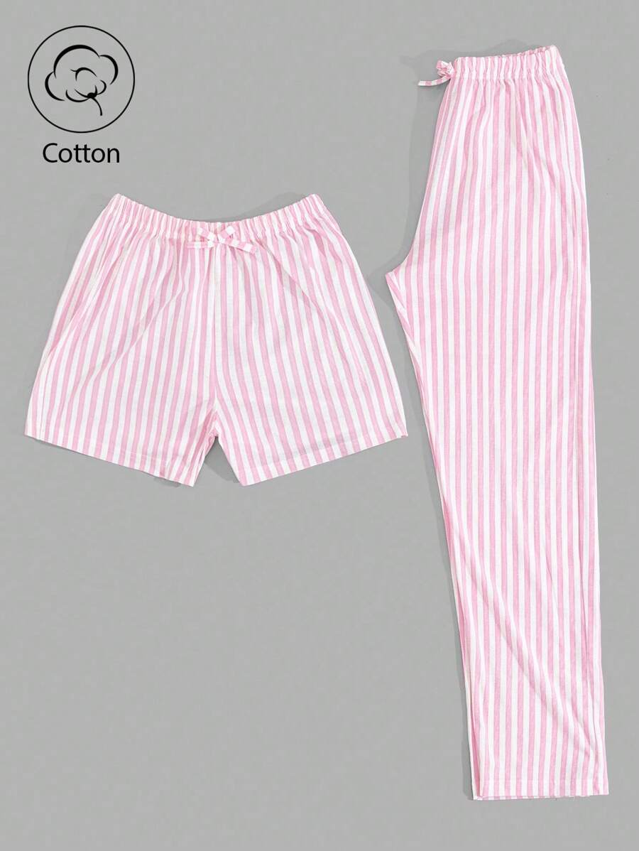EURMUSE Bộ đồ ngủ mặc nhà Cottonline 2 mảnh họa tiết sọc kèm dây rút giả cho nữ - Hồng - Xem 1