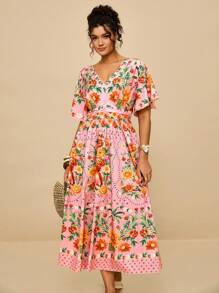 SHEIN VCAY Plus Size Vacation Island Romantic Pink Floral Print V-Neck Cinched Waist Ruched A-Line Long Sleeve Maxi Dress Plus Size Boho Dress Plus Size Vacation Dress Summer Dresses For Women Curve Garden Party Dress Plus Tropical Print Plus Size Dress Fall Dress  Night Out  Going Out Outfits Wedding Guest Dress Women Flowy Animal Print  Boho Chic  Vacation Outfits Holiday Outfits   Urban Coastal Style Country Outfits Old Money Vintage Clothes - Pink - View 6