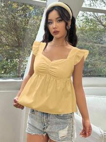 SHEIN Unity Blusa amarilla con textura de unicolor, fruncido en el pecho y cuello en forma de corazón con volante - Albaricoque - Ver 3