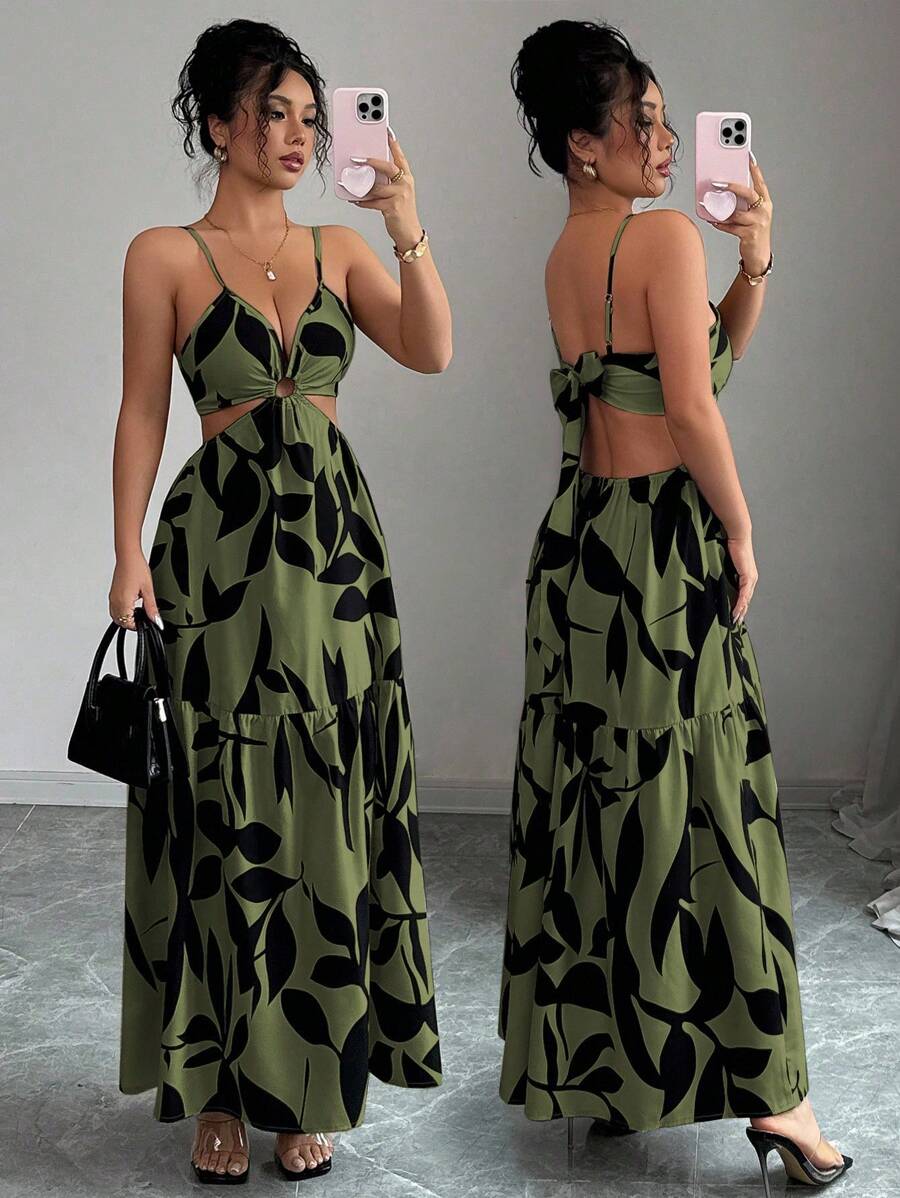 Elenzga 女装夏季新款吊带收腰花卉印花连衣裙（不对称花卉图案） - 軍綠色 - 查看 1