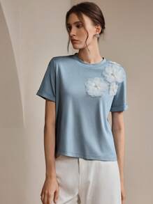 Anewsta 优雅淑女白色花卉 3D 弹力 T 恤，女款，春夏