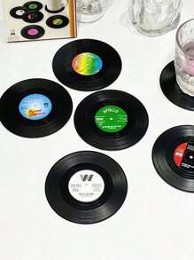 SHEIN 6 buc suporturi de pahare pentru discuri de vinil, pernă antiderapantă rezistentă la căldură, model vintage clasic retro american rock cu muzică CD, pernă izolatoare, decor pentru casă/