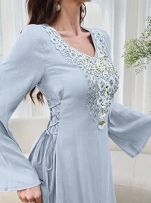 Al Najma Women's Elegant Embroidered & Beaded Arabic Style Long Dress,Modest