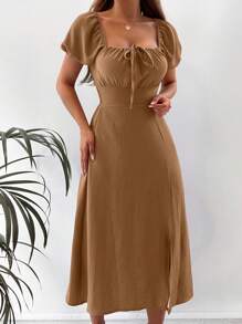 EURMUSE Solid Color High Slit Square Neck Twist Front Casual Short Sleeve Dress - Camel - View 5