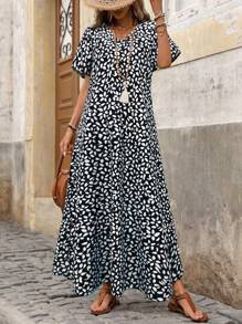 EMERY ROSE 女式长款花卉印花蓝色蝙蝠袖连衣裙 - 黑色 - 查看 3