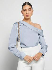 BizChic 春夏新款不对称设计褶皱肩部宽松长袖缎面衬衫，现代优雅都市通勤日常浪漫90年代复古风圣诞节新年情人节派对海滩毕业时尚嘉年华假日百搭简约浪漫风，适合婚礼宾客、主人、约会、派对、音乐会、早午餐、机场等多种场合。 - 淺藍色 - 查看 3