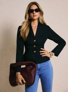 Poéselle 结构化荷叶边西装外套，搭配金色纽扣和束腰 | 量身定制的黑色办公室时尚夹克，女士办公室，万圣节，女士优雅纯色薄款西装外套，适合通勤，老钱风格，简约时尚，低调奢华夹克，办公室时尚，女士合身西装外套，女士秋季 - 黑色 - 查看 2