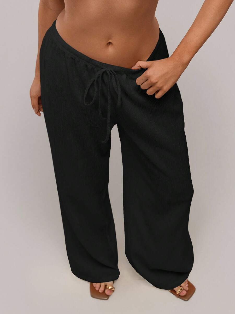 SHEIN Forever 21 Women's Solid Color Drawstring Waist Wide Leg Loose Casual Pants,Fall Clothes For Women - Black - View 1