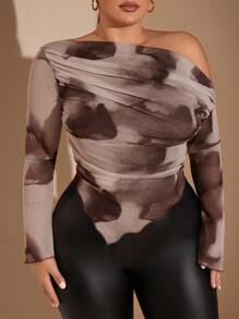 SHEIN BAE Áo thun lưới màu nâu hở vai, tay dài cỡ lớn - màu nâu - Xem 7