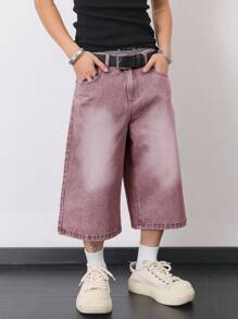 Claim Dot Pantalones cortos de mezclilla de corte holgado y lavado para hombres en verano - Púrpura malva - Ver 3