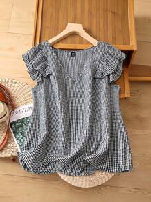 SHEIN LUNE Women Gingham Ruffle V-Shape Neck Sleeve Shirt