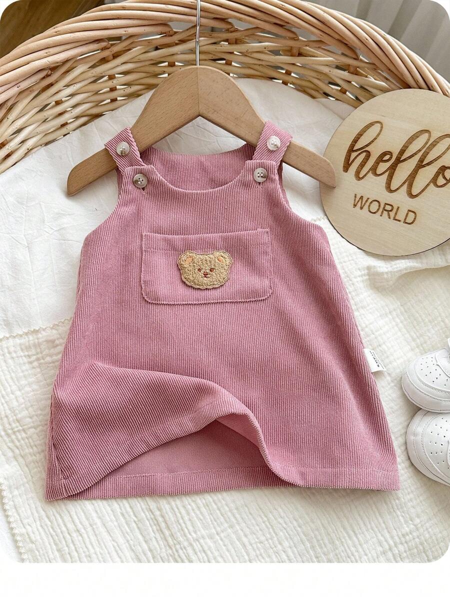 SHEIN Váy nhung kẻ hồng dễ thương cho bé gái sơ sinh, đa năng cho mùa thu/đông - Hồng - Xem 1