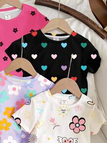 SHEIN 4 件套女婴休闲简约圆领短袖 T 恤，适合春夏季