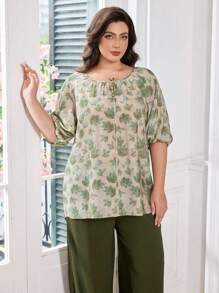 Lacomfia Conjunto de 2 peças plus size primavera/verão, gola redonda, mistura de algodão, estampado, solto, casual e confortável - Verde Azeitona - Ver 4