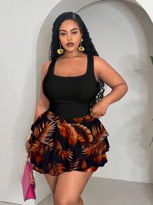 Slaydiva Bộ 2 chiếc/Bộ áo ba lỗ cổ vuông trơn cỡ lớn cho kỳ nghỉ hè dành cho nữ và váy ngắn in họa tiết lá nhiệt đới - Nhiều màu - Xem 1