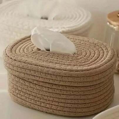 SHEIN Một hộp đựng khăn giấy dạng dây thừng, một hộp đựng đồ nhỏ, một hộp đựng khăn ướt hình bầu dục, một hộp đựng khẩu trang và một giỏ đựng đồ phù hợp cho phòng ngủ, phòng khách, phòng ăn và văn phòng
