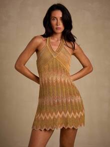 Glamine Rochie elegantă tricotată pentru femei, cu decolteu în V, ondulată, în linie A