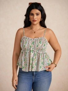Elaquor Plus Size Women's Ditsy Floral Frill Trim Camisole Top - Green - View 3