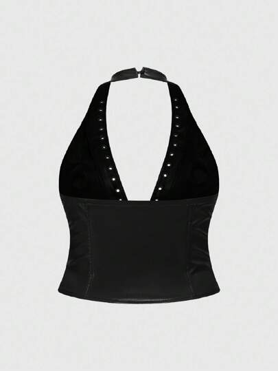 Grunge Punk Débardeur et débardeur sexy à col en V profond avec design de rivets métalliques punk, en PU, coupe moulante, grande taille