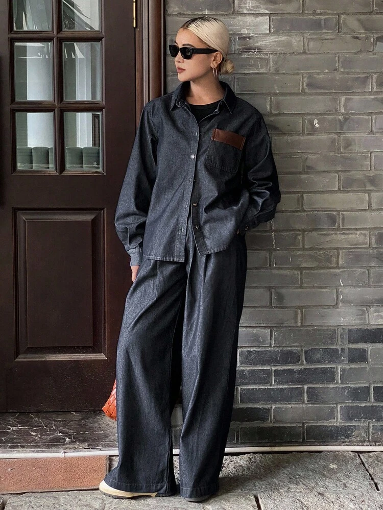 Women's Turndown Collar Loose Pocket Decor Denim Shirt And Relaxed Casual Long Pants 2 Pieces Denim Suit Set