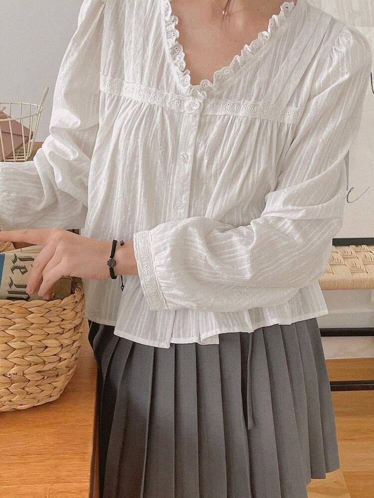 Floral Lace Patchwork V-Neck Ruffle Trim Long Sleeve Blouse Vacation