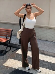 Dazy Plus Plus Size Women Elastic Fitted Straight Leg Casual Knit Pants - Coffee Brown - View 5