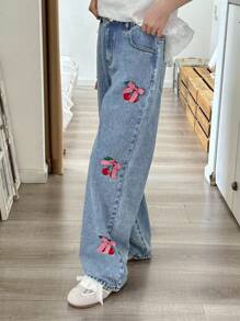 Tween GirlsLight Washed Denim Jeans With Sweet Embroidered Butterfly & Cherry Blossom Patterns, Comfortable Casual Outdoor Elastic Waist Wide-Leg Pants - Light Wash - View 7
