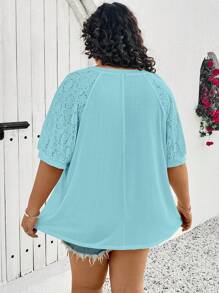 SHEIN CURVE+ 大码女款不同材质拼接上衣，白色T恤 - 藍色 - 查看 2