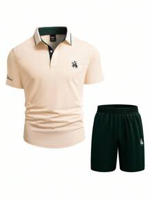Manfinity Homme 2 件男士休闲马图案短袖 Polo 衫和短裤套装，夏季 - 彩色 - 查看 5