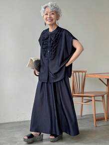 FRIFUL 女式多层荷叶边衬衫和松紧腰喇叭牛仔裙两件套 - 黑色 - 查看 5