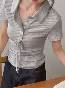 DAZY Summer Fitted Casual Textured Striped Bowknot Strap V-Neck Shirt Style Short Sleeve Blouse For Office Wear - Grey - View 4