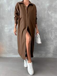 SHEIN Cottnline 捲邊袖口袋貼片開衩大腿襯衫洋裝 - 咖啡 - 查看 4