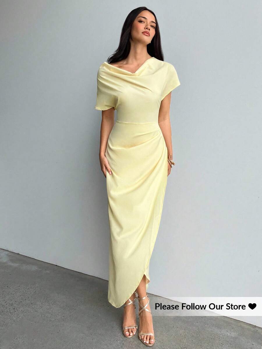 Aloruh 女款淡黃色圍裹式垂領抓皺設計長洋裝,優雅夏季婚禮賓客穿搭,適合畢業典禮、教師服裝與通勤 - 黃色 - 查看 1