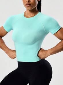 SHEIN Sports Áo thun thể thao ôm vừa vặn tay ngắn màu trơn thường ngày dành cho nữ - Màu xanh lam - Xem 4