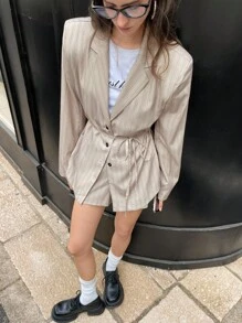 Chiquease 女式长袖系带条纹西装外套和短裤休闲套装 - 卡其色 - 查看 3