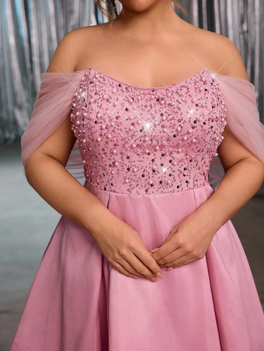 Glamrae 加大码优雅浪漫奢华莲花粉色奢华亮片设计串珠刺绣网眼拼布不对称领口褶皱长裙，适合晚会、单身派对、约会、舞会、度假、毕业典礼、婚礼、正式场合（重度装饰） - 藕粉色 - 查看 1