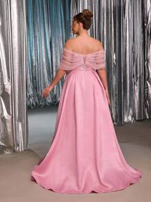 Glamrae 加大码优雅浪漫奢华莲花粉色奢华亮片设计串珠刺绣网眼拼布不对称领口褶皱长裙，适合晚会、单身派对、约会、舞会、度假、毕业典礼、婚礼、正式场合（重度装饰） - 藕粉色 - 查看 3