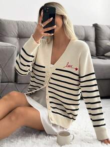 EURMUSE Sweetheart Script Embroidery Striped V-Neck Buttoned Knit Cardigan,Cardigans For Women,Long Cardigans Woman,Petite Cardigans,Cardigans - Black and White - View 1