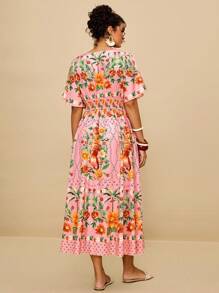 SHEIN VCAY Plus Size Vacation Island Romantic Pink Floral Print V-Neck Cinched Waist Ruched A-Line Long Sleeve Maxi Dress Plus Size Boho Dress Plus Size Vacation Dress Summer Dresses For Women Curve Garden Party Dress Plus Tropical Print Plus Size Dress Fall Dress  Night Out  Going Out Outfits Wedding Guest Dress Women Flowy Animal Print  Boho Chic  Vacation Outfits Holiday Outfits   Urban Coastal Style Country Outfits Old Money Vintage Clothes - Pink - View 2