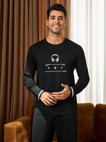 Manfinity Underwear&Sleepwear Basics 男士耳机印花长袖上衣和裤子睡衣套装，秋冬服装 - 黑色 - 查看 4