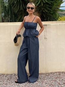 DAZY 女士优雅水洗褶皱吊带背心和阔腿牛仔裤套装度假装 - 深色水洗藍 - 查看 5