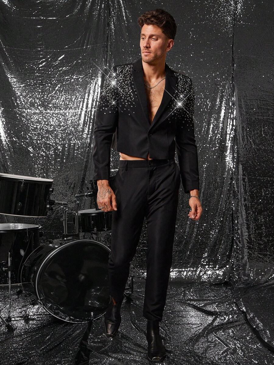 FeverCity Men's High-End Rhinestone Embellished Black Suit Set, 2 Pieces, Suitable For Spring & Autumn - Black - View 1