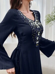 Al Najma Vestido casual de manga larga con decoración de perlas falsas, de estilo árabe modesto para mujer - Azul Marino - Ver 5