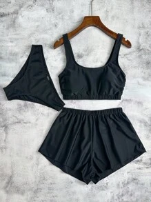 SHEIN 3pcs/Set Solid Color Side Knot High Cut Thong Bikini Swimsuit Set For Women, Beach & Resort For Summer Beach Vacation