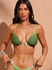 Hauture Top de bikini con escote de aro y adorno de concha de perla, perfecto para el verano y las vacaciones - Multicolor - Ver 1