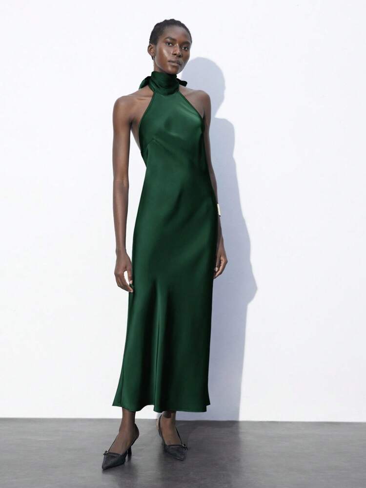 SHEIN Maija Vestido elegante sin espalda con cuello de corbata, diseño urbano moderno, verde oliva