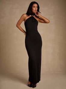 Glamine 黑色优雅吊带金属扣装饰连衣裙