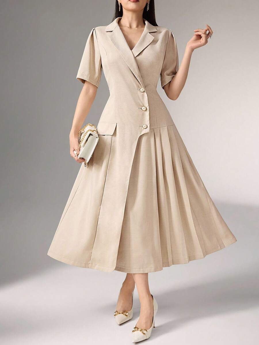 Heiryn 褶皱不对称韩式办公室通勤优雅连衣裙，短袖